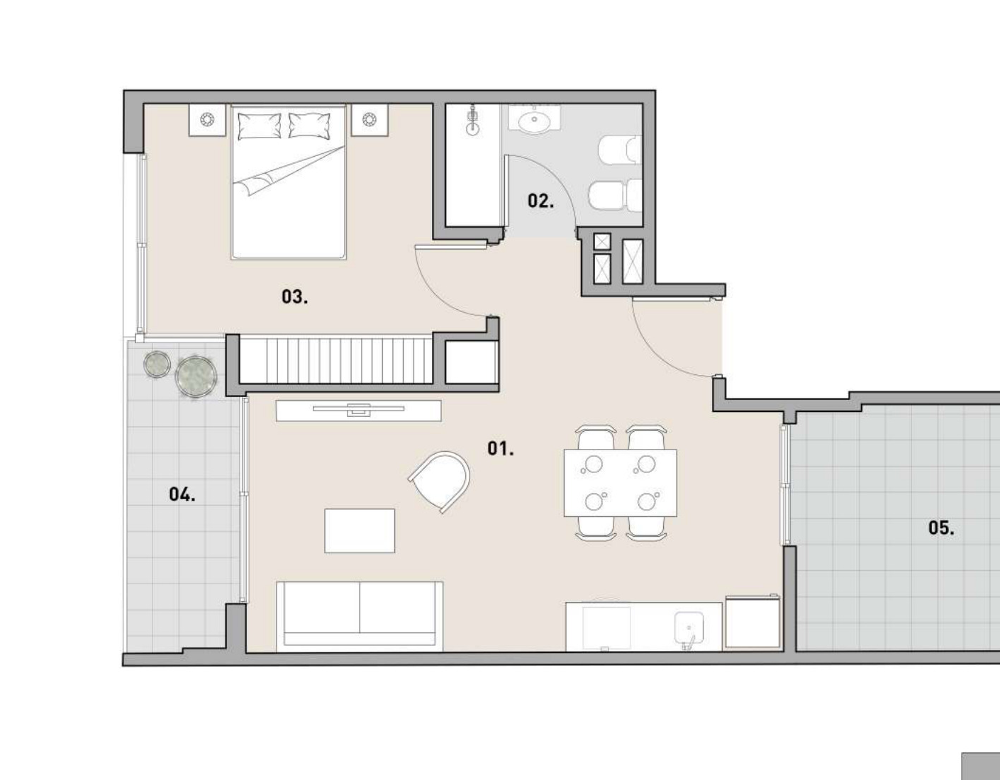 Plano 2 ambientes contrafrente — 1° piso con patio