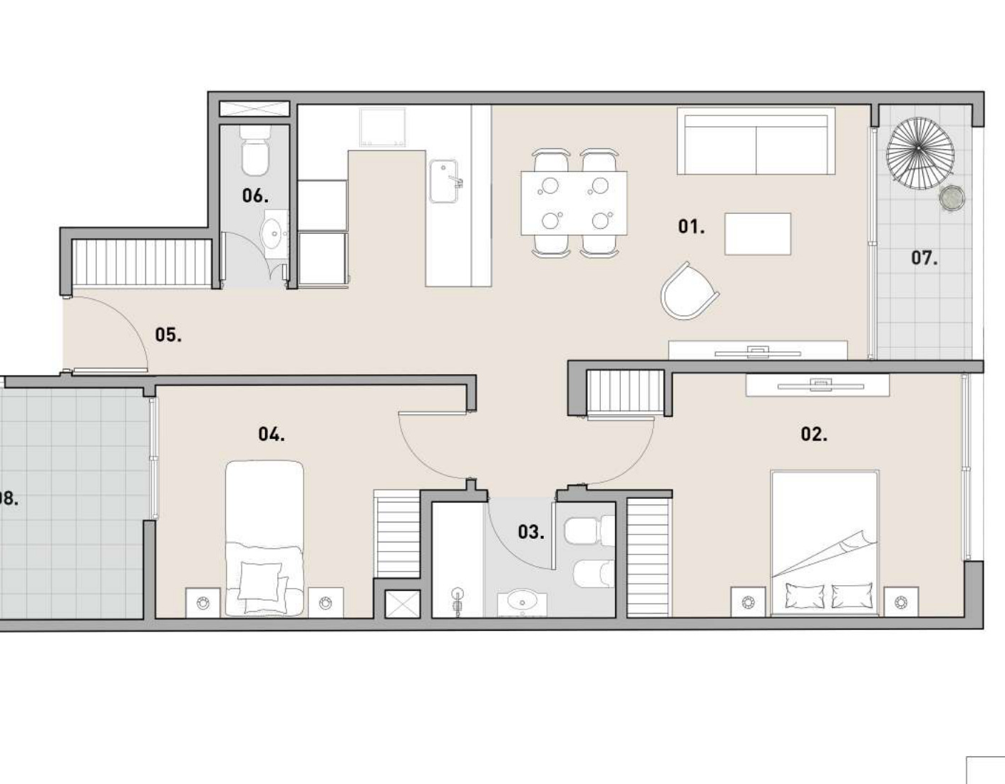Plano 3 ambientes frente — 1° piso con patio