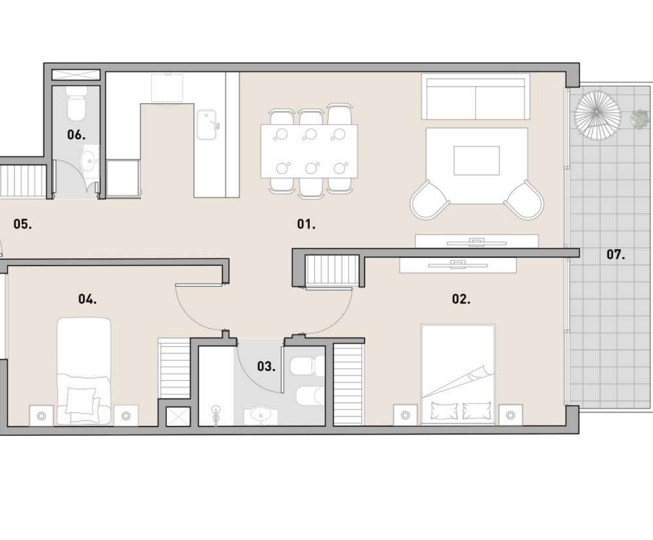 Plano 3 ambientes frente — pisos 2° a 7°